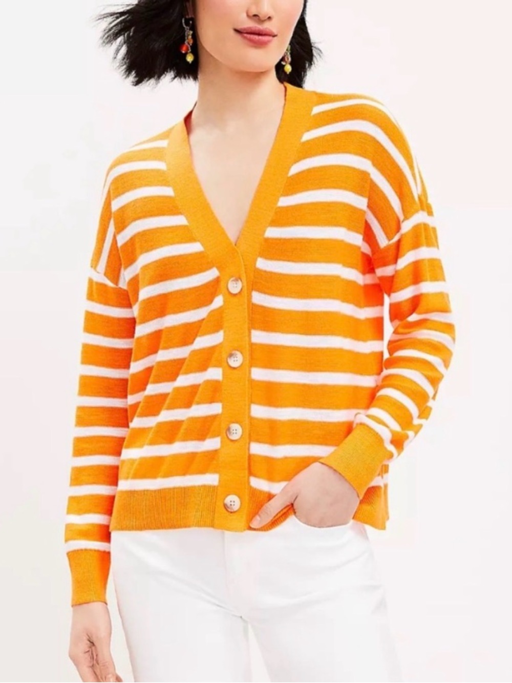 LOFT Orange/White V-Neck Striped Cardigan size M